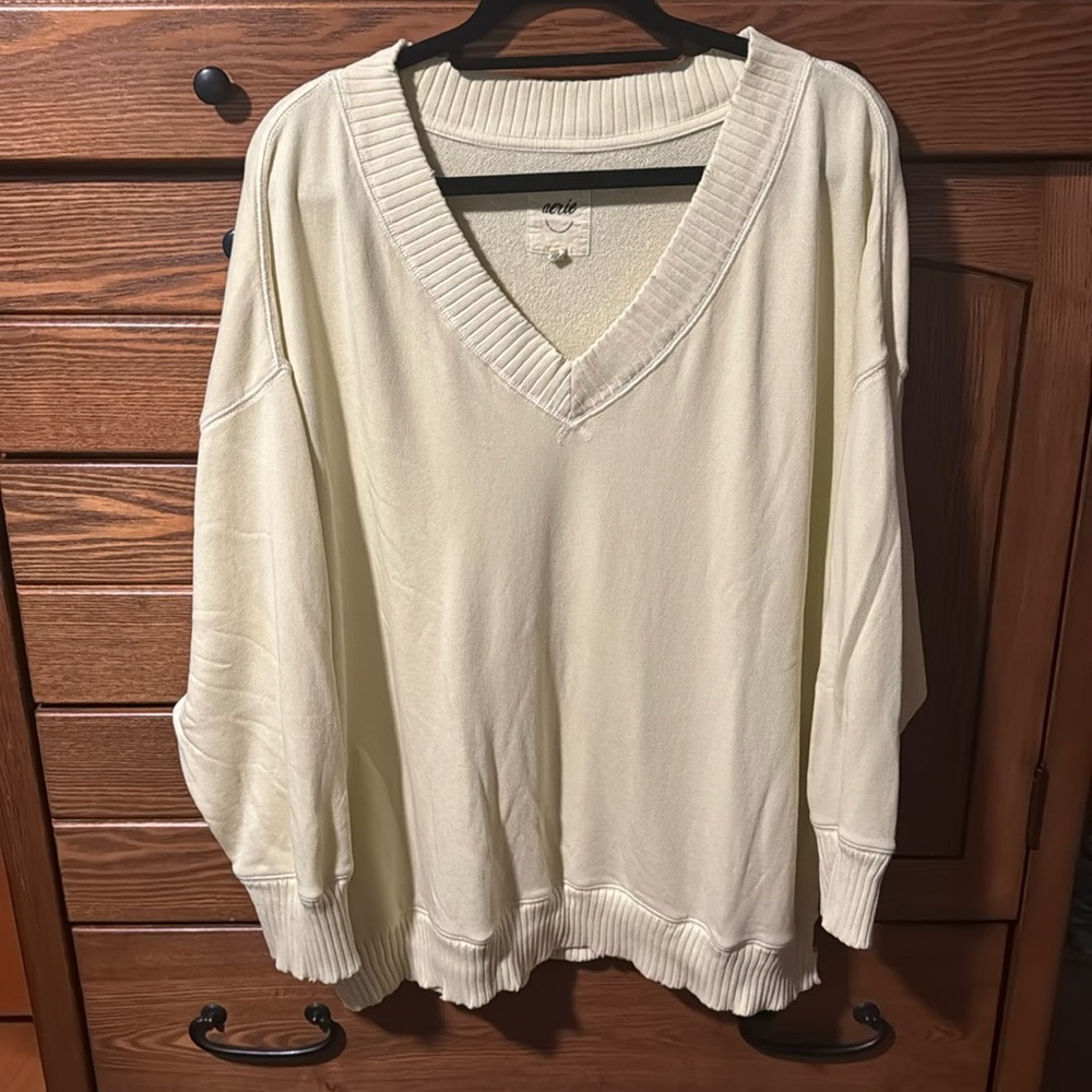 Aerie Large, light yellow, v neck, oversized sweatshirt.